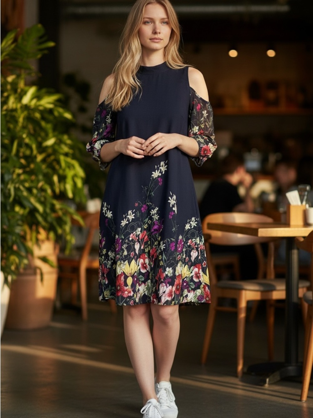 SHEIN Navy Floral Cold-Shoulder A-Line Mini Dress